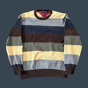 Tommy Hilfiger Mens Striped Crewneck Sweater Brown/Yellow/Gray Cotton Blend Size